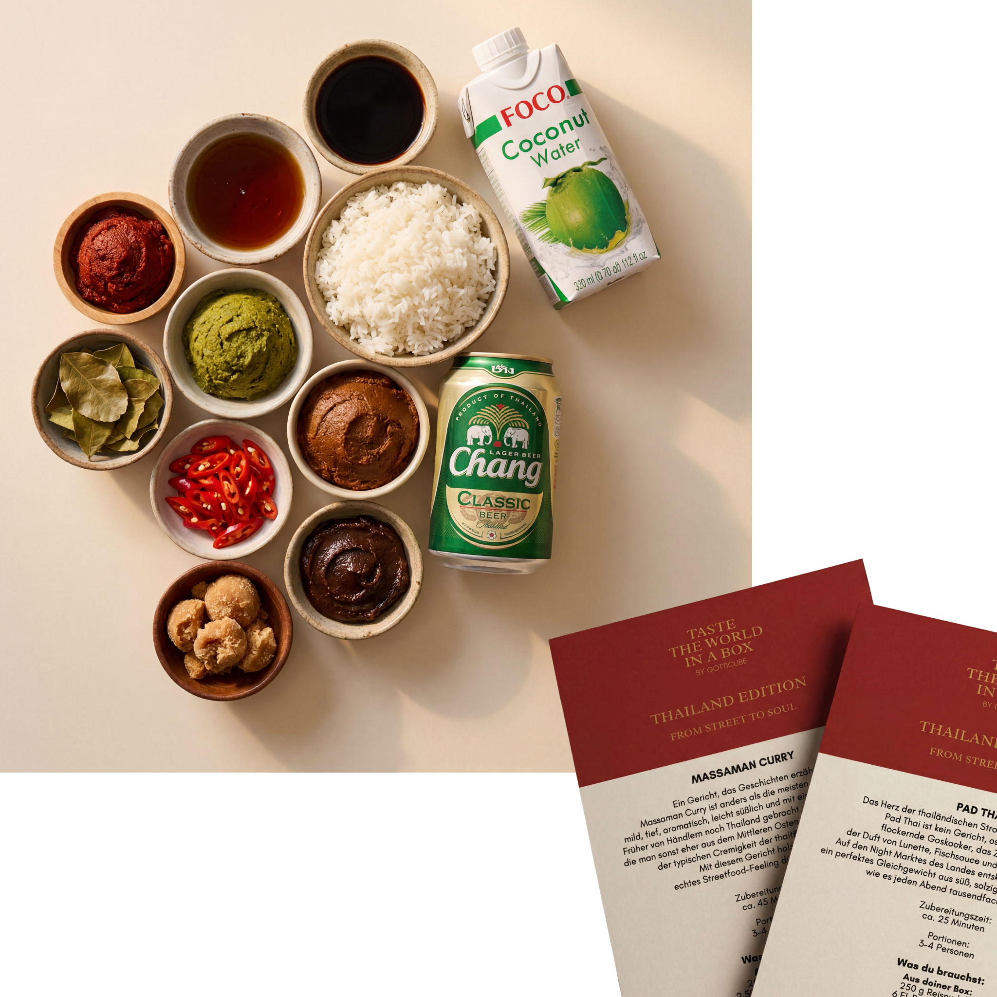 Kochbox / Präsentbox Thailand Inhalt mit originalen Zutaten, Gewürzen, Getränken und Rezepten